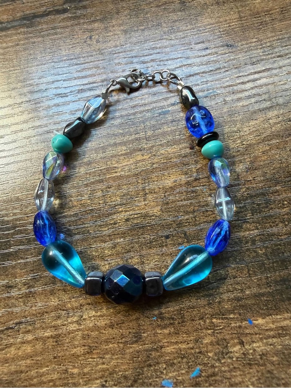 Handmade Blue Turquoise Glass Beaded Bracelet Silver Tone Lobster Clasp